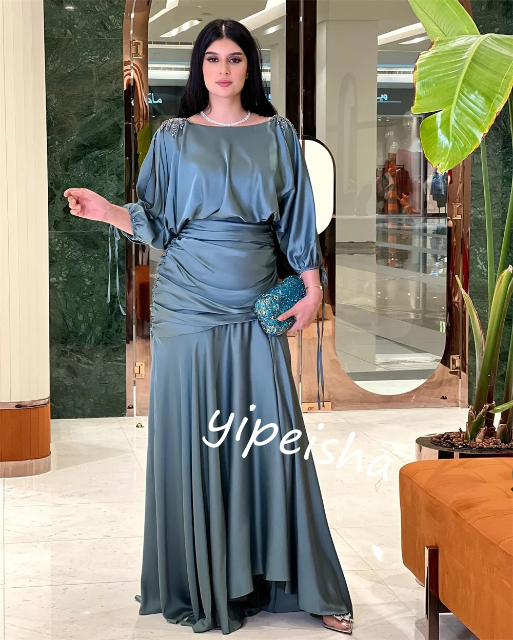 Customized  Evening    Charmeuse Pleat Rhinestone Party A-line Boat Neck Bespoke Occasion Gown Midi es