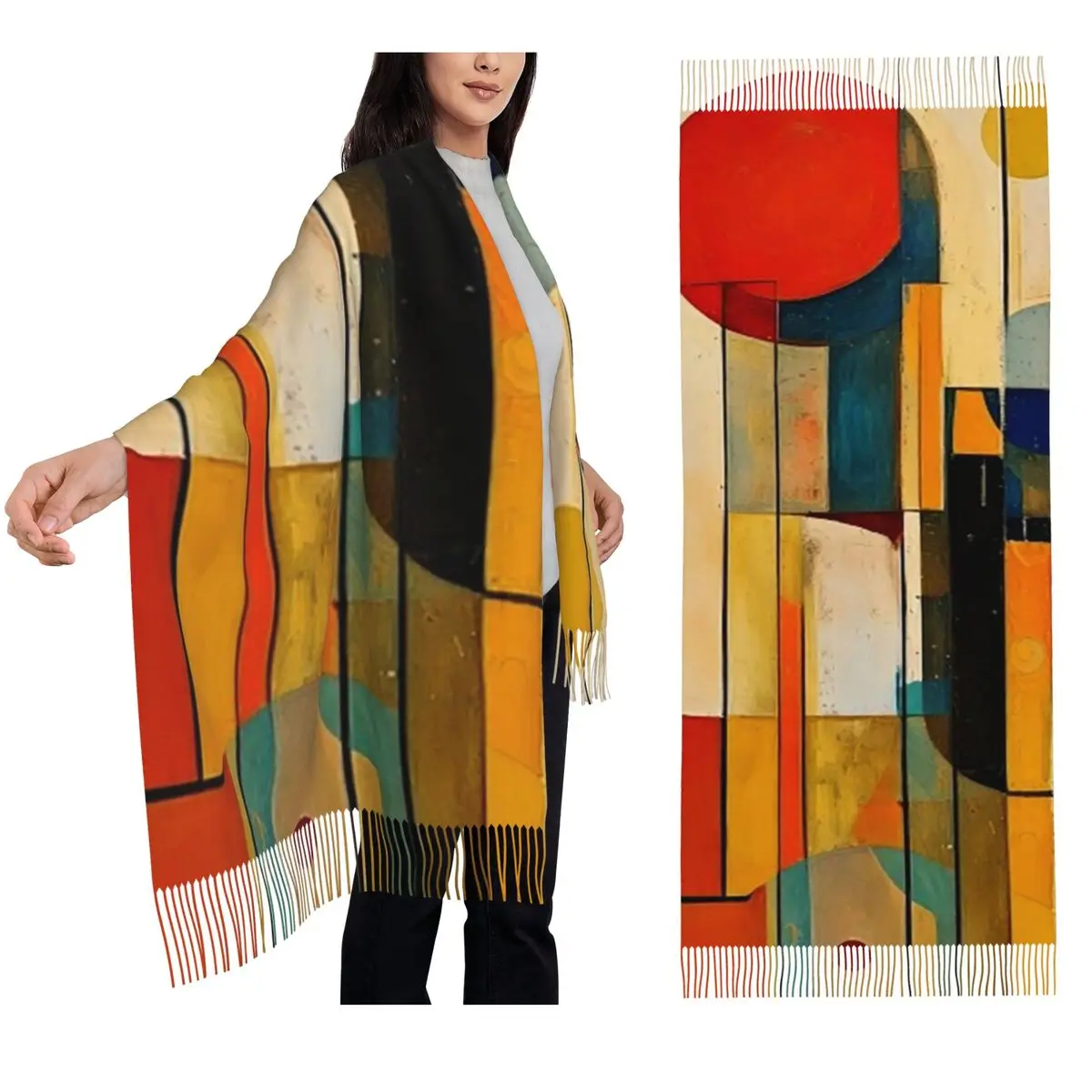 

Современный абстрактный земляной тон середины века, шарф с геометрической живописью, шарфы с кисточками, шали и накидки, большая осенне-зимняя шаль
