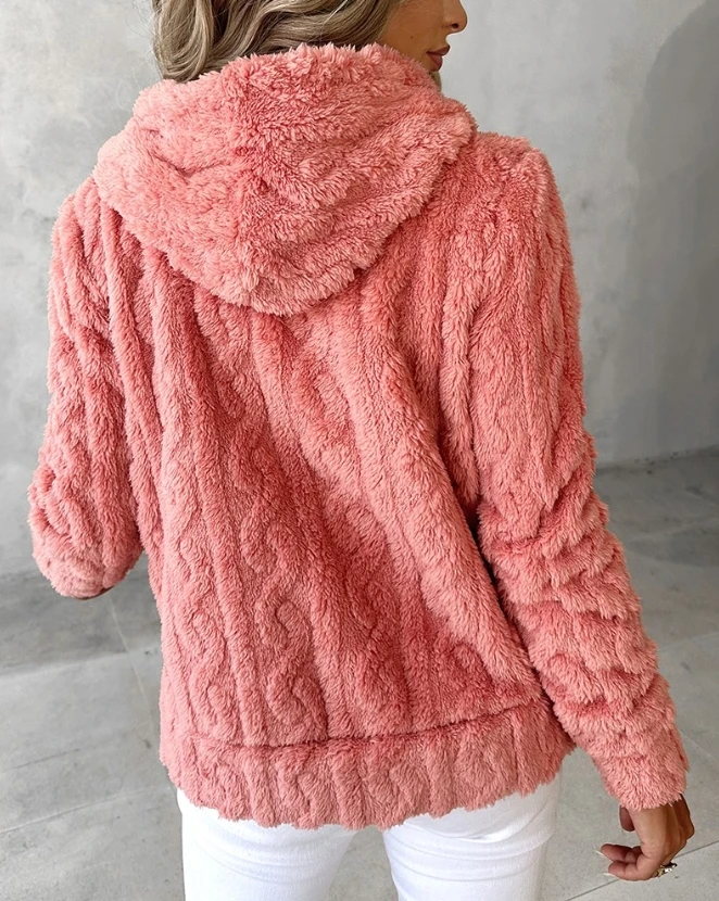 Top Women's New Hot Selling Fashion 2023 Long Sleeve Zipper Design Fuzzy Texture Hooded Wool Coat