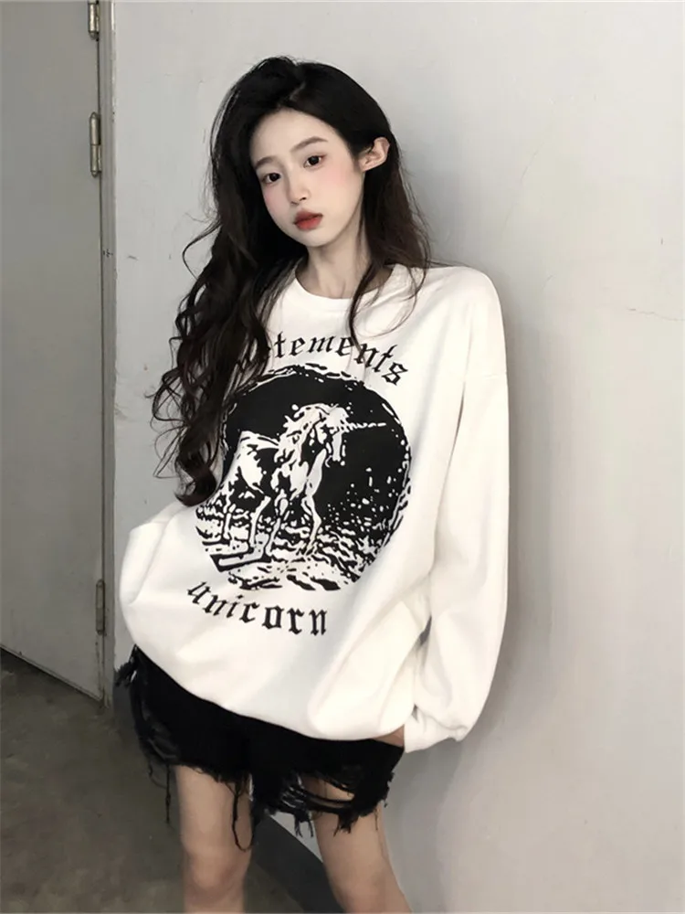 

Women Sweatshirt American Style Retro Loose Sweater Women's Print T-shirt Autumn New Versatile Oversze Pullover Coat Ins