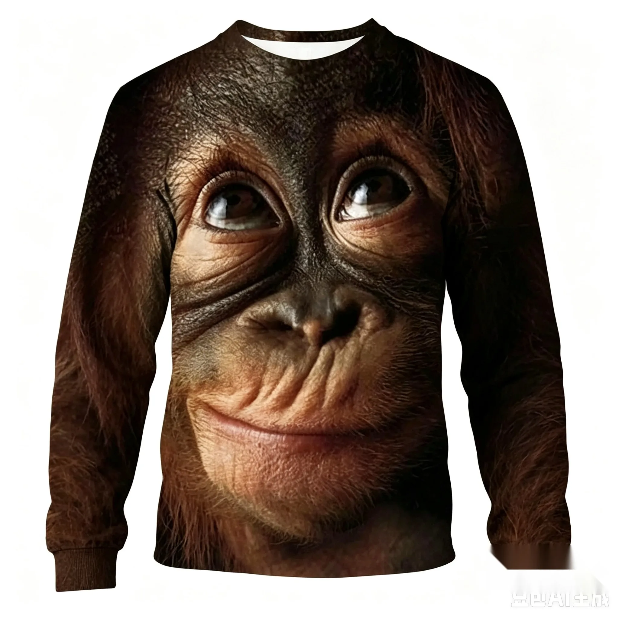 Men's Crew Neck Sweatshirt, 3D All Over Print Realistic Orangutan Gorilla Face Casual Long Sleeve Pullover Tops