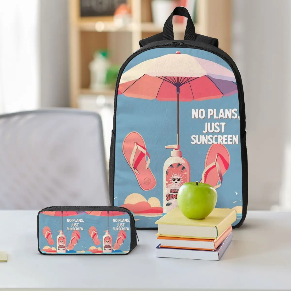 Summer Sun Protection Beach Backpack Boys Girls BookBag School Bag Shoulder Bags 3ps Insulated Lunch Bag Pencil Case