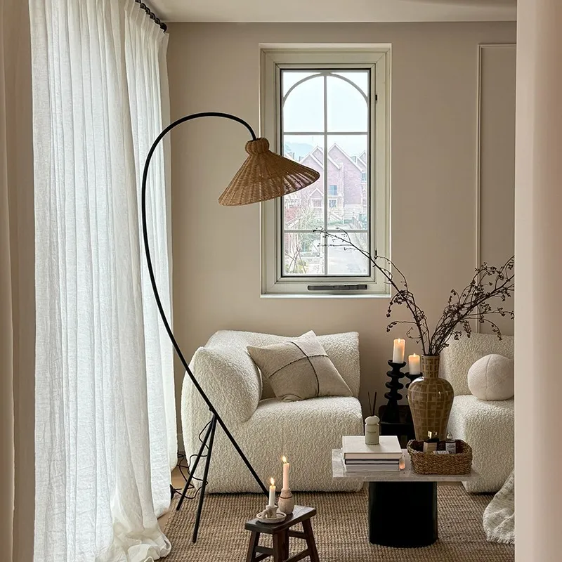 

Medieval French Athena rattan wabi-**** wind fishing floor lamp high-end living room sofa retro designer lamp