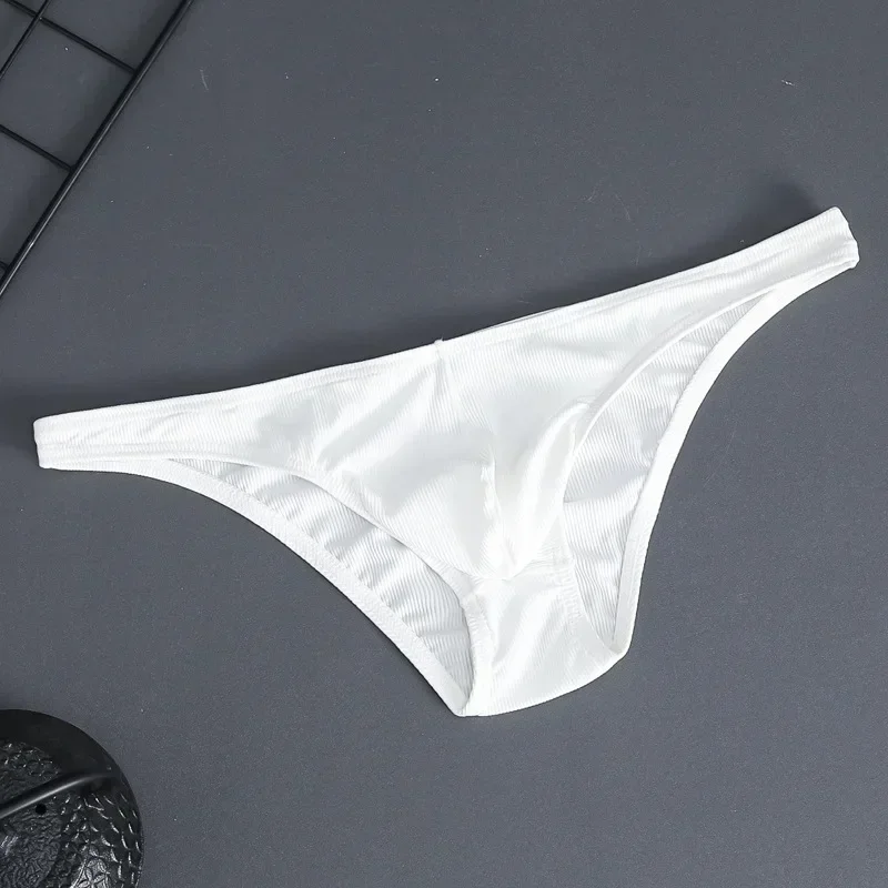 Ribbed Stretchy Ice Silk Bikini for Men High Elastic Low-rise U Convex Pouch Brief Comfy Quick Dry Underwear Stock Fast Shipping