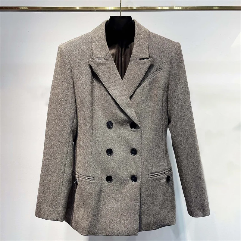 

Женская куртка, новинка осени 2024, двубортный тонкий топ с длинными рукавами, шерстяной женский пиджак, женское пальто, женский пиджак