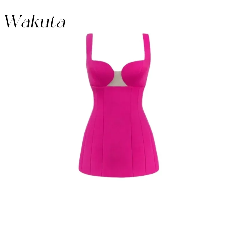 Wakuta-vestido de cóctel sin mangas con cuello cuadrado para mujer, minivestido Sexy de corte en A con cremallera en la espalda, color liso, estilo americano