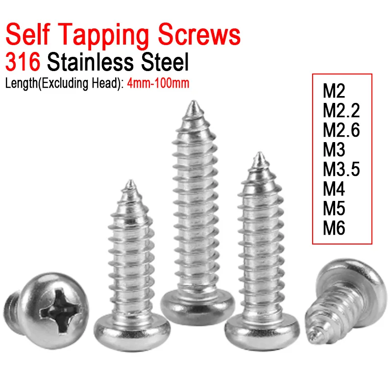 10/20/30/50/100pcs M2 M2.2 M2.6 M3 M3.5 M4 M5 M6 316 A4 Stainless Steel Cross Phillips Recessed Round Head Self-Tapping Screws