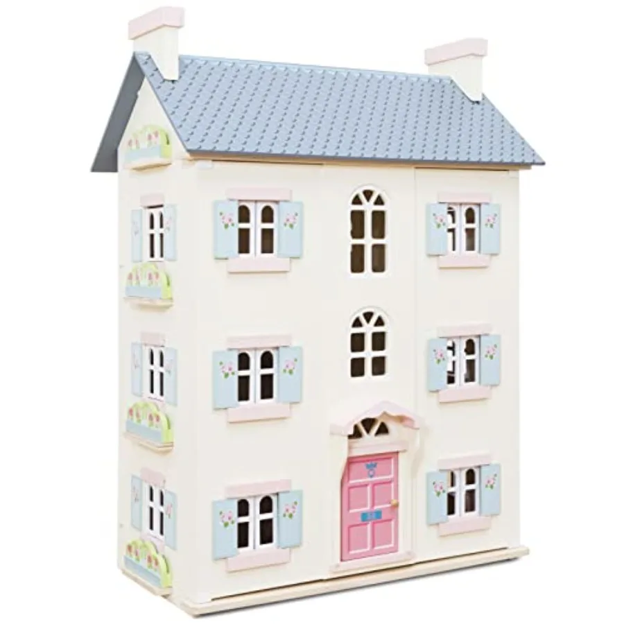

Cherry tree hall doll house for home play, solid wood, natural wood color, 4-storey design with removable walls and detailed in
