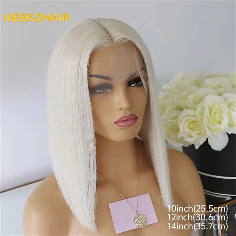 Wig Bob pendek pirang Platinum 13x4 #60 warna rambut palsu manusia renda depan dengan Wig Bob lurus pirang abu-abu Brasil pra pencabutan