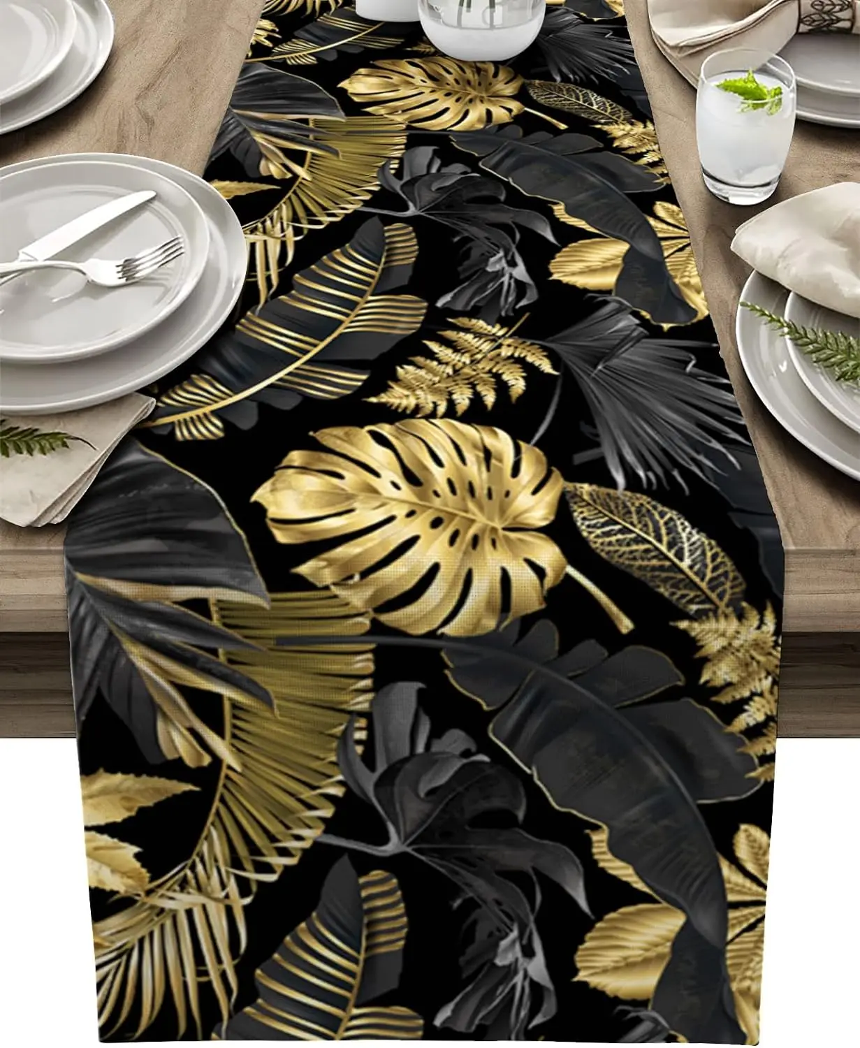 Tropical Black Golden Leaves Linen Table Runner Dresser Scarves Reusable Kitchen Dining Table Runner Holiday Party Decorations