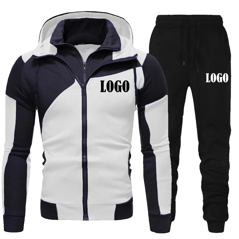 Personalizado nova moda agasalho masculino casual jaqueta com zíper e calça preta sportsuit algodão zíper com capuz terno