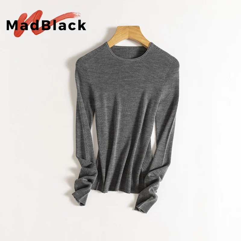

Madblack,Machine Washable 18G 100% Sheep Wool Seamless Thin Sweater, Women Round Collar Long Sleeve,Knitted Tops Autumn T5N907JF