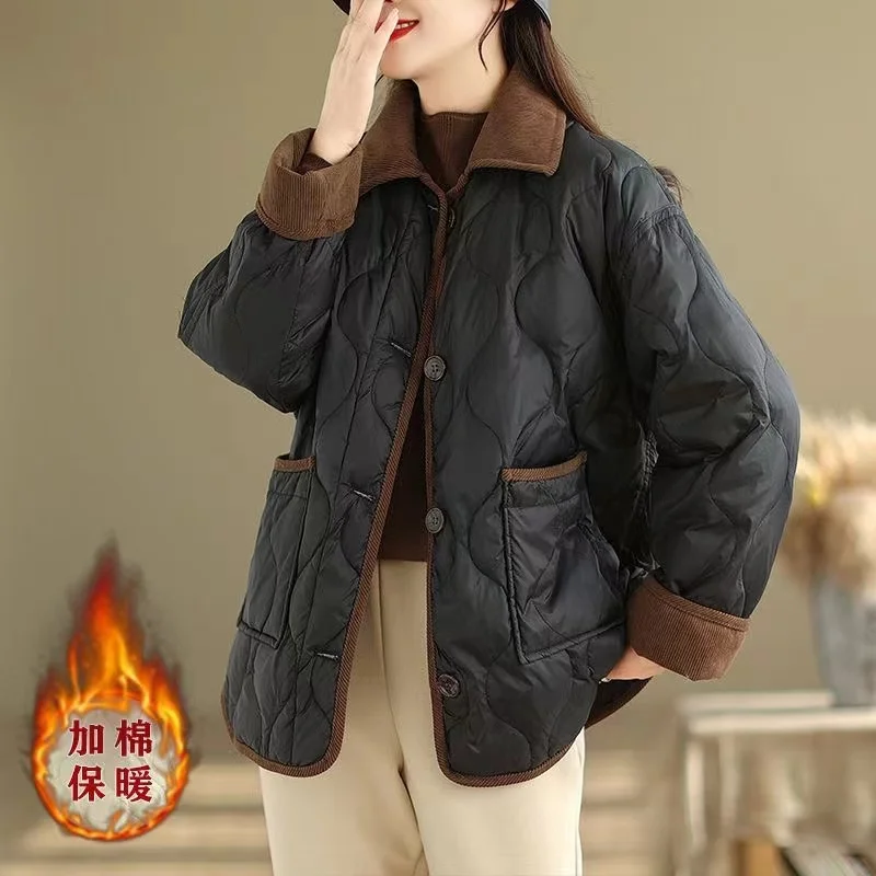 2024 New Contrasting Lapels Light Cotton-padded Jacket women\'s winter Loose Casual Parkas Ladies Outwear Coats Overcoat Female