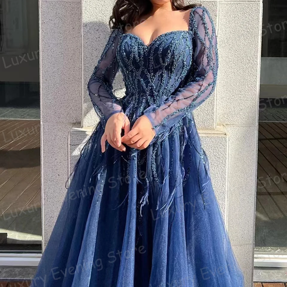 Vintage Feathers Evening Dresses Woman\'s A Line Sexy Split Prom Gowns Appliques Elegant Long Sleeve Fashion Vestidos Customized