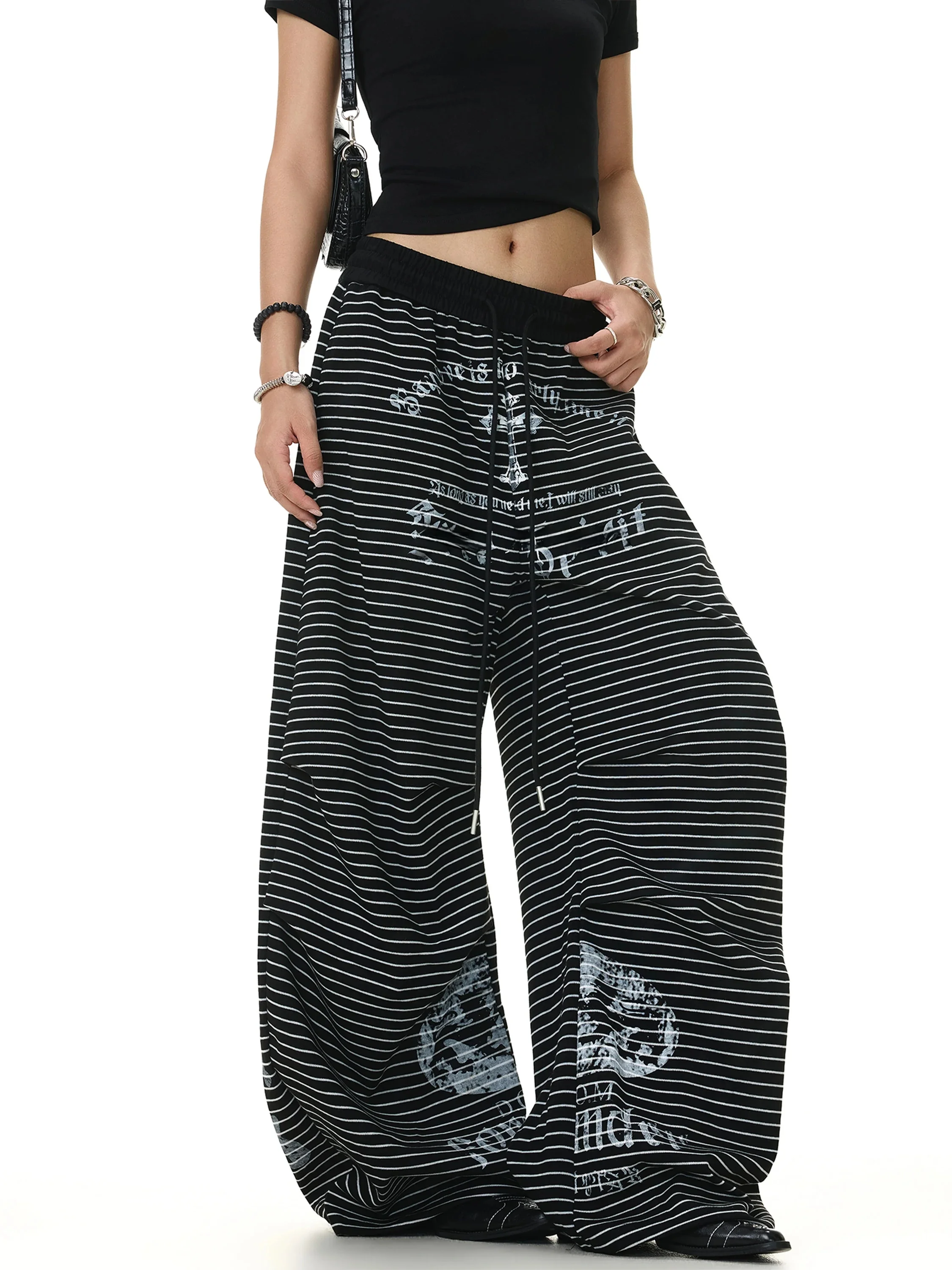 American Retro Gothic Style Printed Casual Pants Men Women Loose Wide Leg Floor Sweeping Sweatpants Knife  Stripe Design