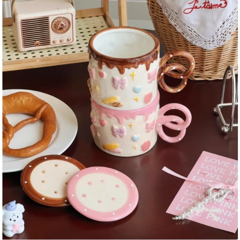 Underglaze Colored Ceramic Mug Creative Biscuit Design Hand-painted Cute Fun Water Cup with Lid Home Office Juice Cup Gift