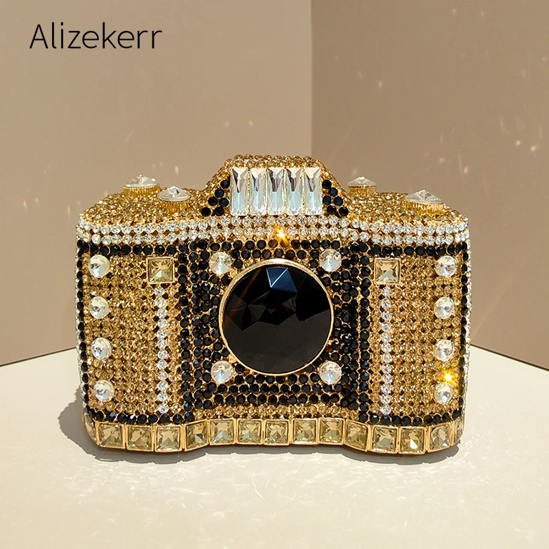 

Вечерние клатчи в форме камеры с бриллиантами, новинка 2024, эксклюзивная новинка, металлические женские кошельки и сумочки для свадебной вечеринки