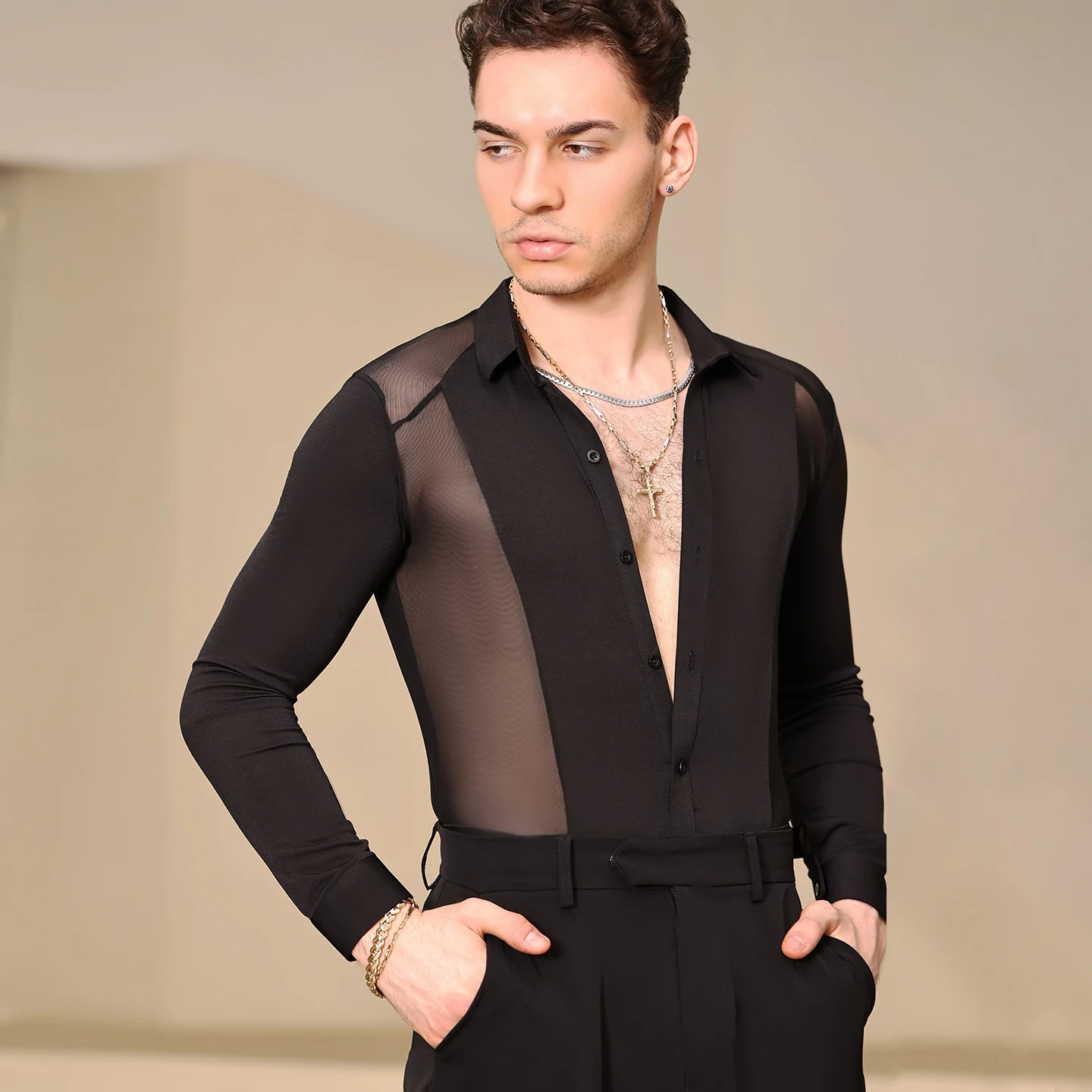 Adulte mâle vêtements de danse latine hommes maille épissage hauts noirs Salsa Rumba salle de bal danse compétition vêtements pratique haut BL16719