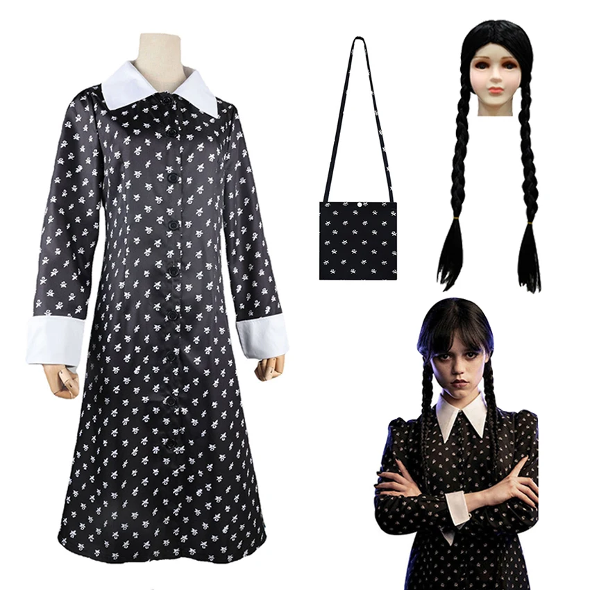 

Halloween Kids Wednesday Costume Mother Girl Addams Cosplay Dress Outfits Vintage Black Gothic Printing Clothes