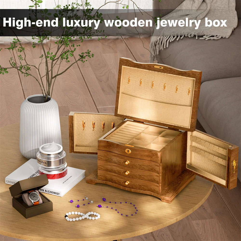 YB Wooden Jewelry Box for Women Classical Wooden with Two Side Doors 4-Layer with Mirror 4 Big Drawers Watch Earring Storage