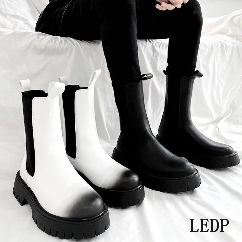 

LEDP Brand Cashmere Vintage Tall Chelsea Boots Hipster Men Ins White Smoke Pipe High Street American High Top Motorcycle Boots