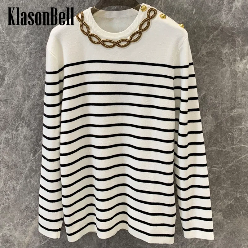 

7.30 KlasonBell Women 2024 New Classic Contrast Color Striped Knit Sweater Beading Gold Button Round-Neck Wool Knitwear Top