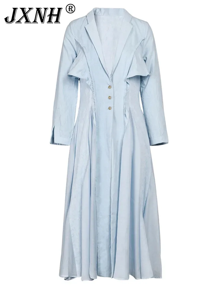 

Blue Linen Pleated Long Elegant Dress Women New Lapel Long Sleeve Loose Fit Fashion Tide Spring Autumn 2024