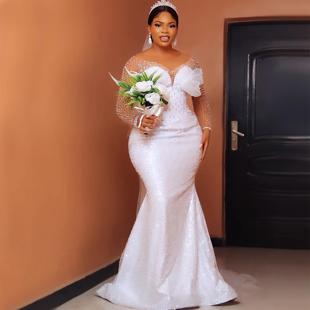 

Shiny Mermaid Wedding Dresses for Bride O Neck Long Sleeve 3D Floral Major Beading Africa Bridal Gowns Plus Size Customized