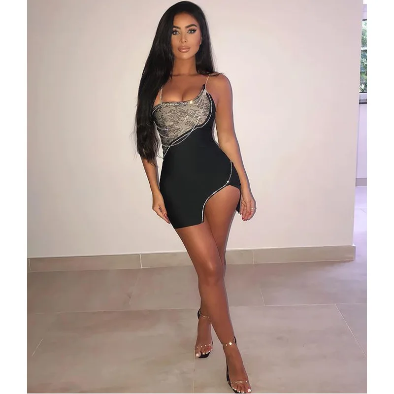 

2024 Women's Sexy Spaghetti Strap Black Mini Dress Shiny Diamond Decoration And Split Side Design Bodycon Bandage Party Dress