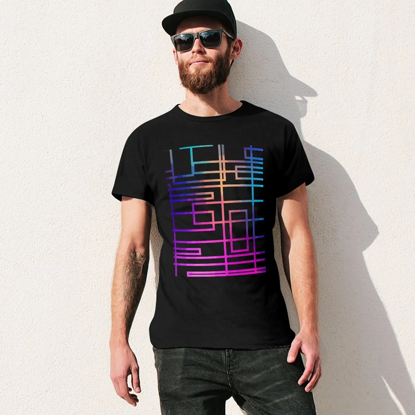 Top geometric patterns one line new colorful strips striped art T-Shirt blue archive designer shirts men clothing