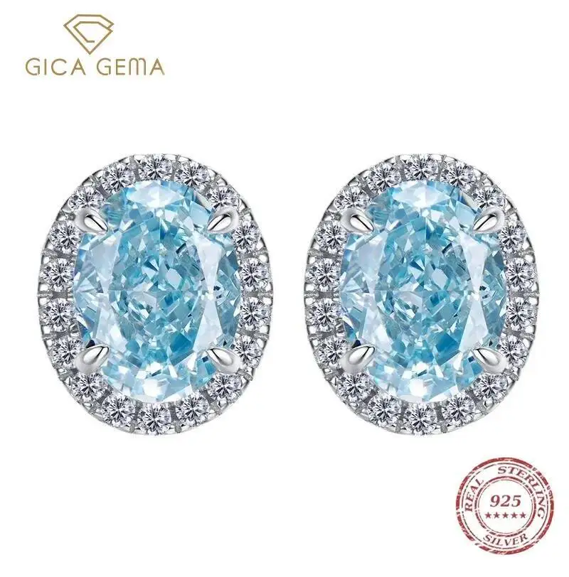 

Gica Gema Authentic S925 Sterling Silver Sparkling 6 * 8mm Sea Blue Stud Earrings For Women Wedding Gift Fashion Party Jewelry
