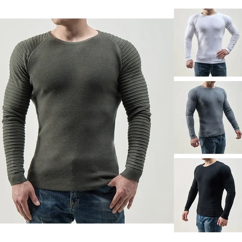 

2023 Autumn/Winter New Underlay Shirt Solid Fit Round Neck Sweater Long Sleeve Men's Knit Top