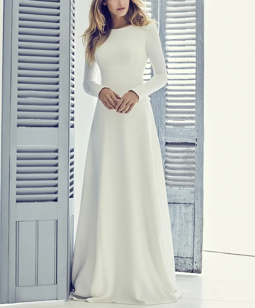 Custom New Stretch Crepe A-line Long Modest Wedding Dress Long Sleeves Coverd Back Women Informal Modest Bridal Gown 2025