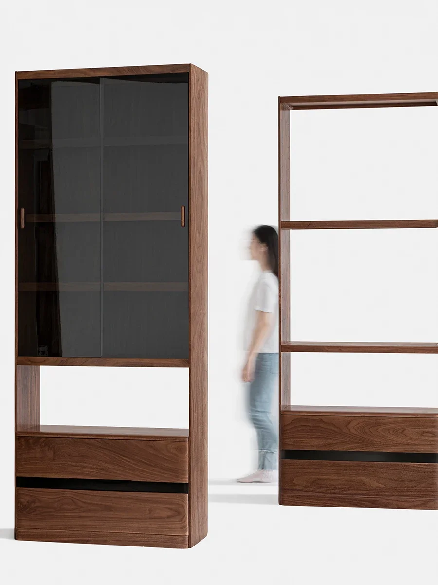 

Lifting Solid Wood Wall Bookcase Black Walnut Glass Dustproof Floor Display Cabinet Living Room