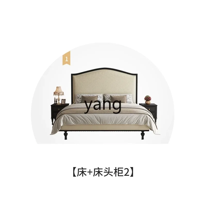 LH retro mid-ancient style full solid wood bed carved black retro master bedroom wedding bed princess
