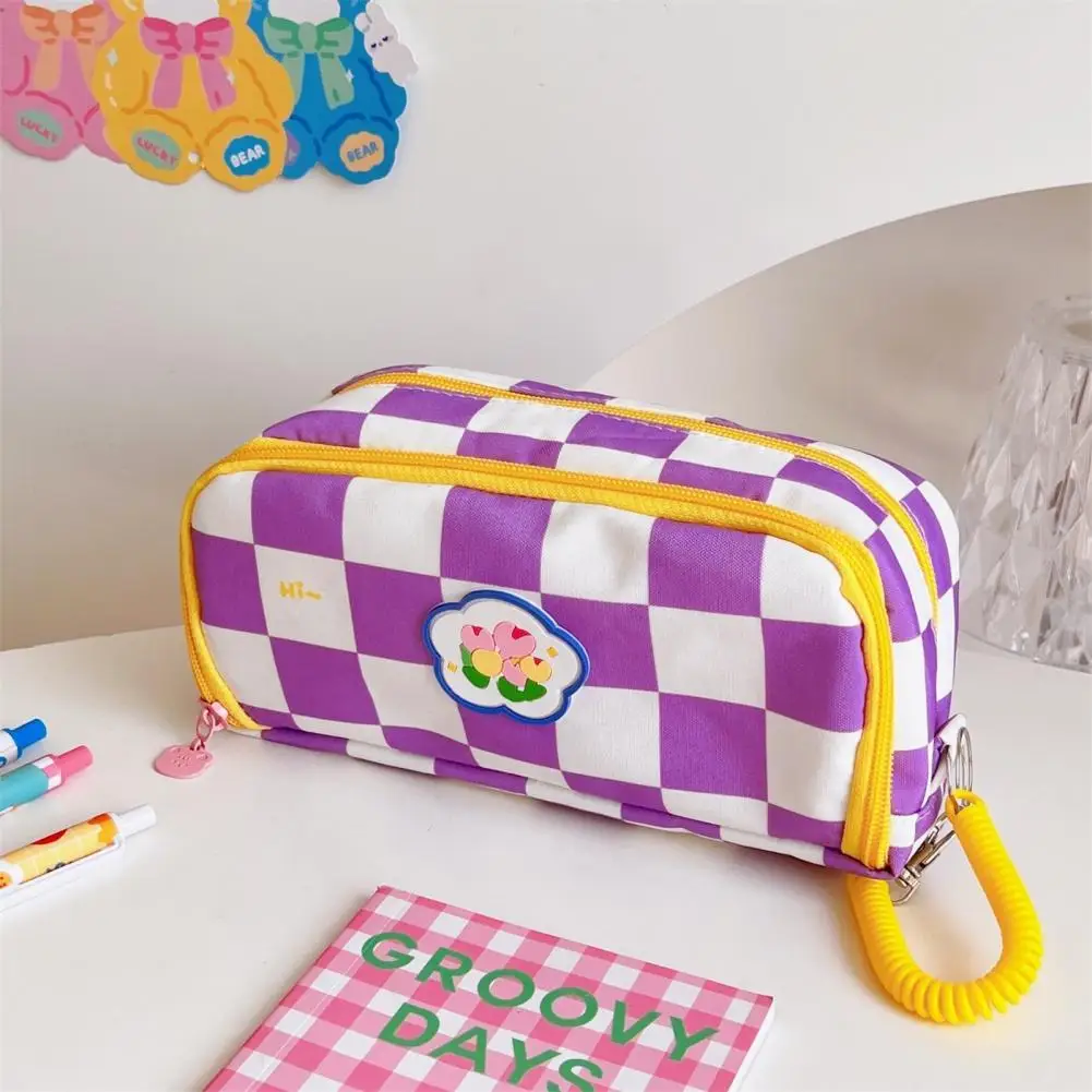 Practical Pencil Bag  Soft-touching Portable Stationery Case  Checkerboard Pattern Pencil Pouch