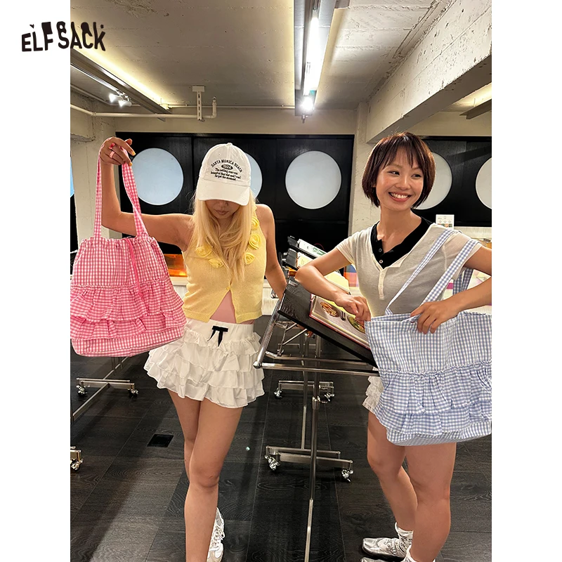 ELFSACK 2025 NEW ARRIVAL Sweet Y2K Korean Plaid Lace Trim Canvas Bag Large Capacity Stylish Shoulder Tote for woman