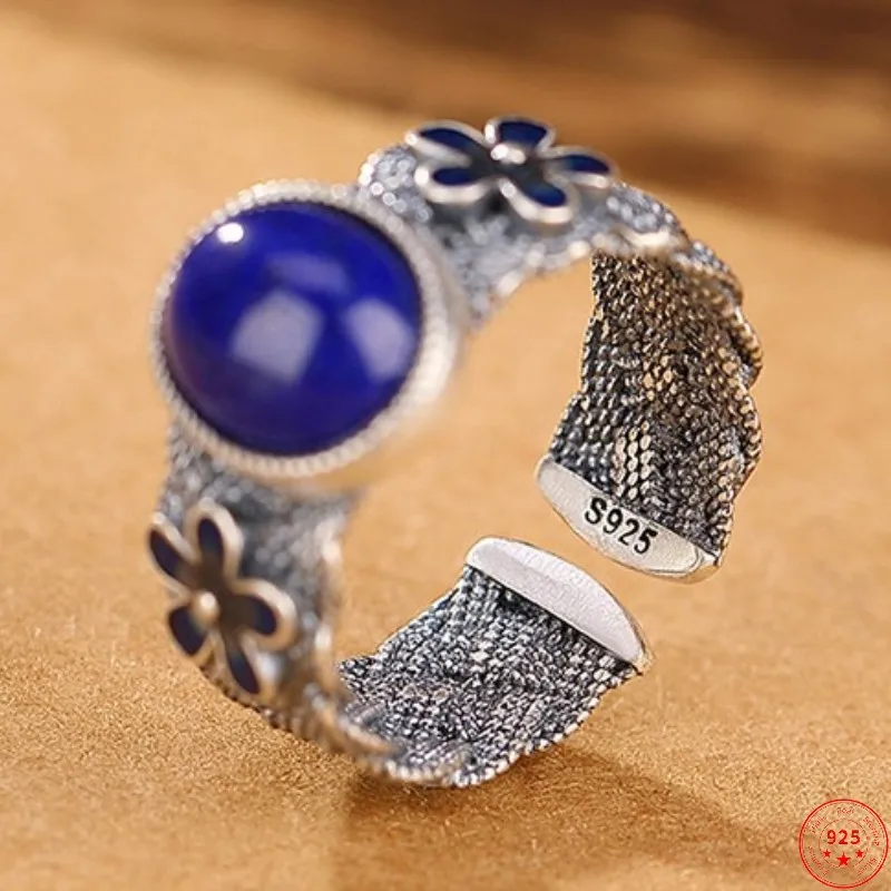 Genuine S925 Sterling Silver Rings for Women New Fashion Lapis Lazuli Enamel Flowers Weaven Pattern Adjustable Ring Jewelry