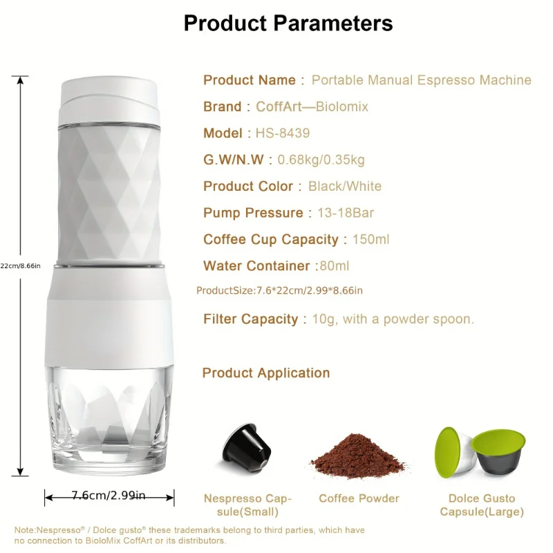 휴대용 커피 메이커 에스프레소 머신 핸드 프레스 캡슐 그라운드 커피 브루어 여행 및 피크닉을위한 휴대용