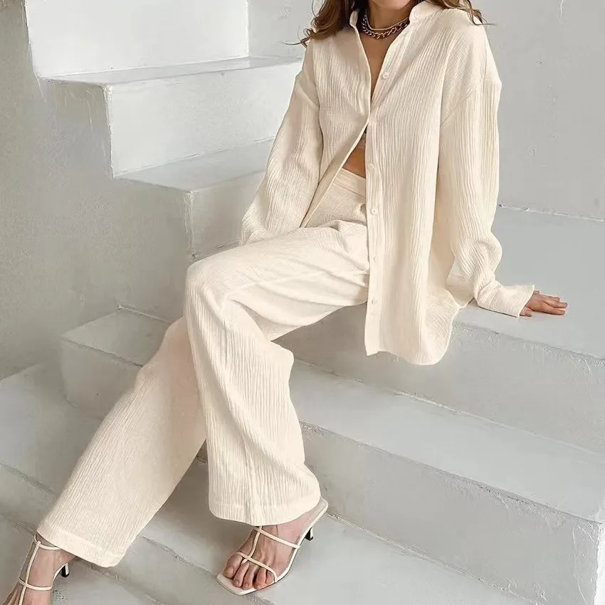 

Women's Spring/Summer 2025 New Collection 100% Cotton Double-layer Elegant Tsou Yarn Set Loose Long-sleeved and Long Pants