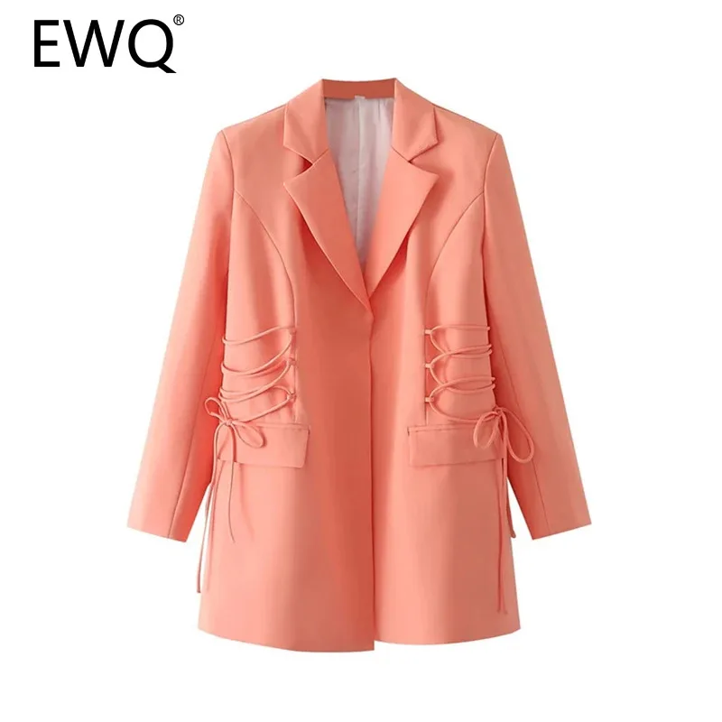 EWQ Fashion Double Side Drawstring Blazer For Women Versatile Solid Notched Office Lady Coat Clothing 2024 Autumn New 27X581