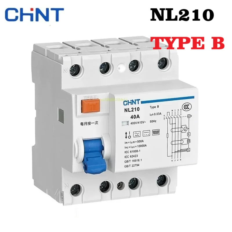 

CHINT TpyeB Автоматический выключатель защиты от утечки NL210 Тип B Новая энергия 1P+N 2P 3P+N 4P RCCB RCBO Защита цепей постоянного тока