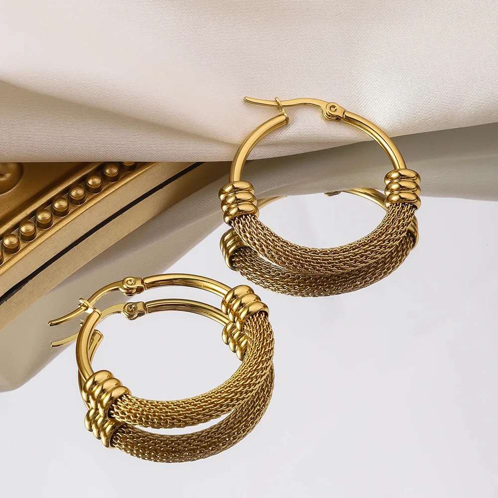 Magnificent 18K Gold Plated Stainless Steel Round Hoop Mesh Earrings For Women Jewelry Birthday Gift