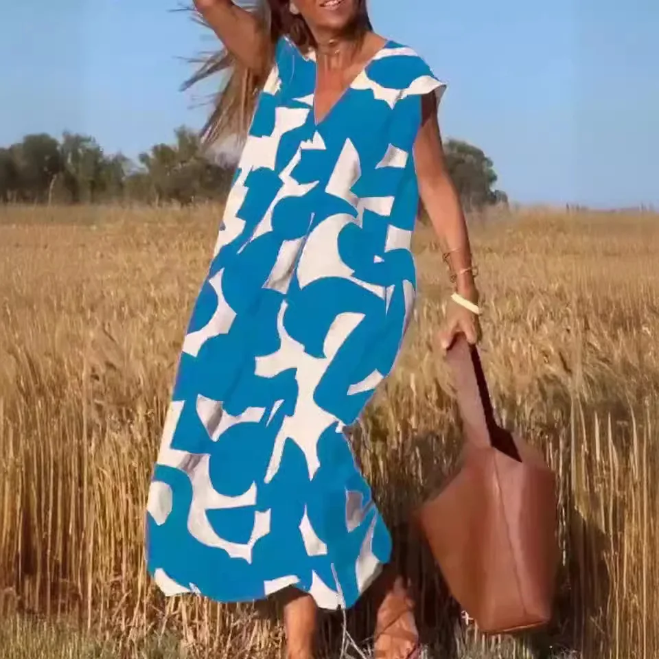 2024 Estate Casual Boho Abito stampato Scollo a V Manica corta A Line Dress Casual Allentato Flowy Swing Abiti lunghi per le donne Eleganti