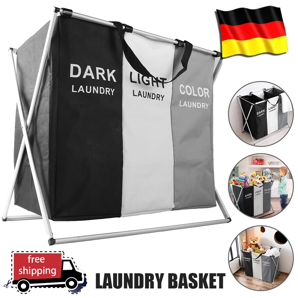 Grand panier à linge à trois grilles pliables, panier de rangement pour vêtements sales et jouets,