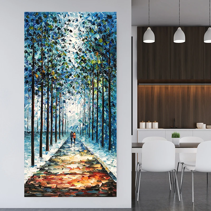 Romantic Art Canvas Painting Blue Large Vertical Canvas Posters Prints Wall Art Winter Forest Path Painting Home Wall Decoration