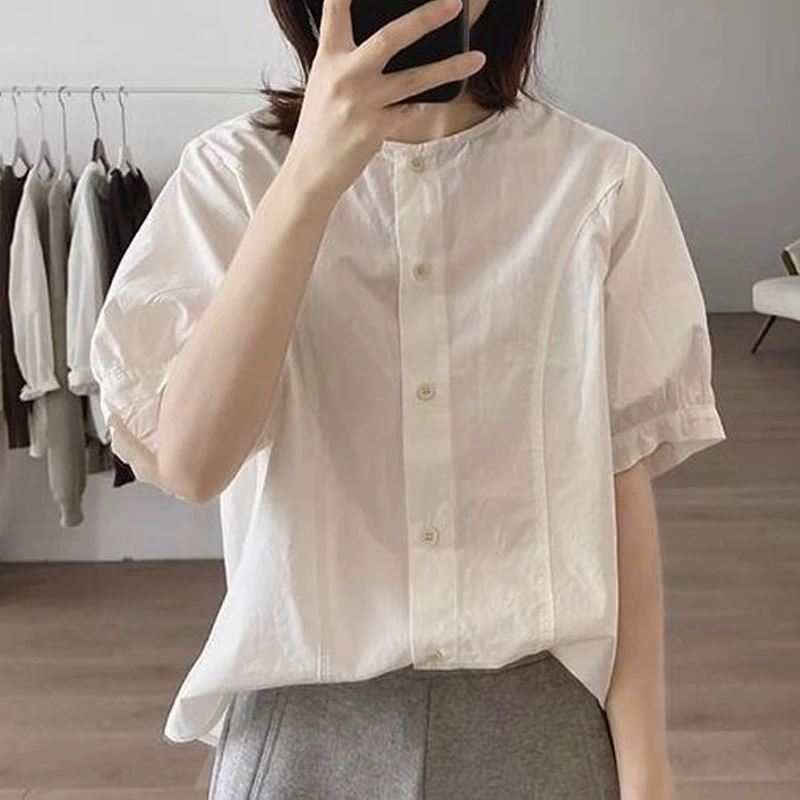 Women\'s Trendy Simple Casual Button Up Shirt Vintage O Neck Short Sleeve Blouse Solid Loose Cotton Tops 2024 Summer Blusas Mujer