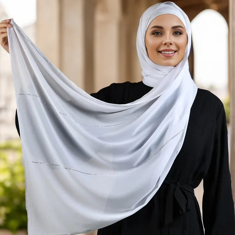 

Элегантный шифоновый шарф в широкую полоску - мусульманская шаль со стразами, однотонная молитвенная повязка на голову для женщин
