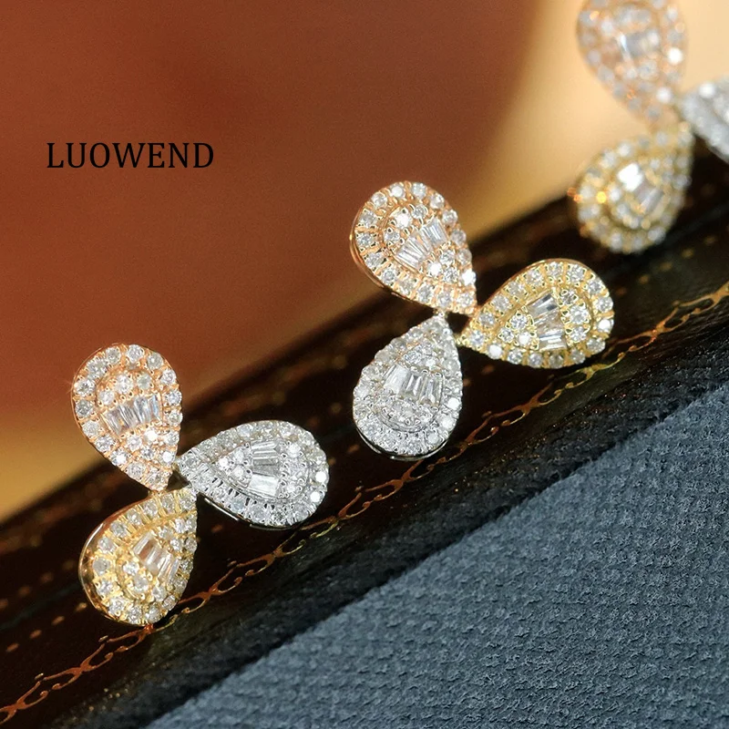 LUOWEND 18K White+Yellow+Rose Gold Earrings 0.66carat Real Natural Diamond Stud Earrings for Women Fashion Style Party Jewelry