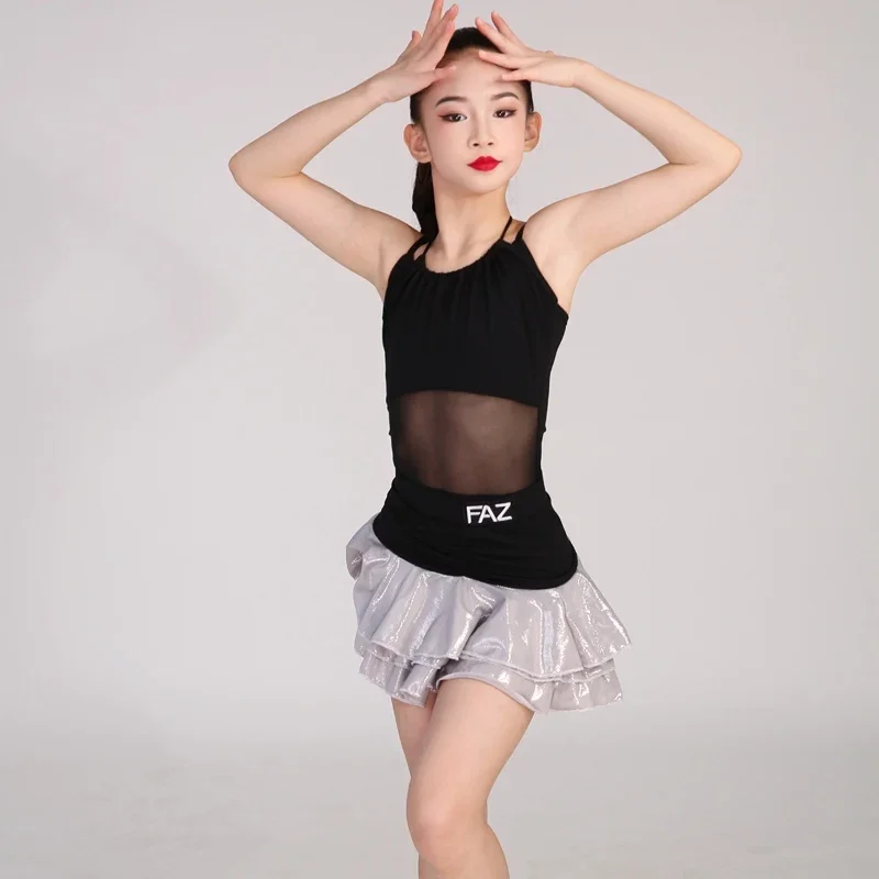

New Girls Cha Cha Rumba Latin Dance Clothes Black Mesh Competition Clothing Sleeveless Practice Suit Latin Show Costume